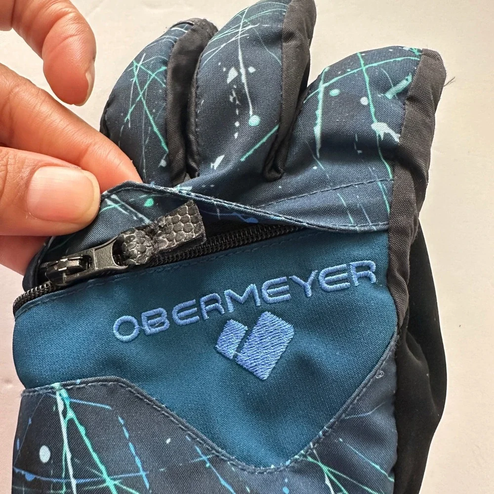 Obermeyer Teen Medium Ski Gloves Blue Teal Paint Splatter Winter Snow Sport